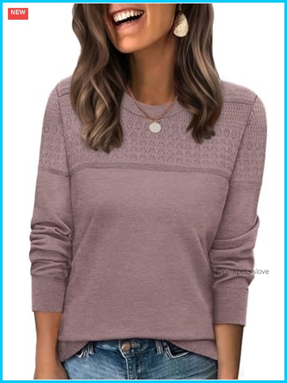 WIHOLL Women's Crewneck Crochet Cable Knit Long Sleeve Pullover Sweater